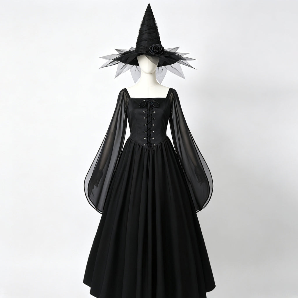 Dark Witch Square Neck Flared Long Dress with Bell Sleeves Vintage Formal Gown for Halloween Costume