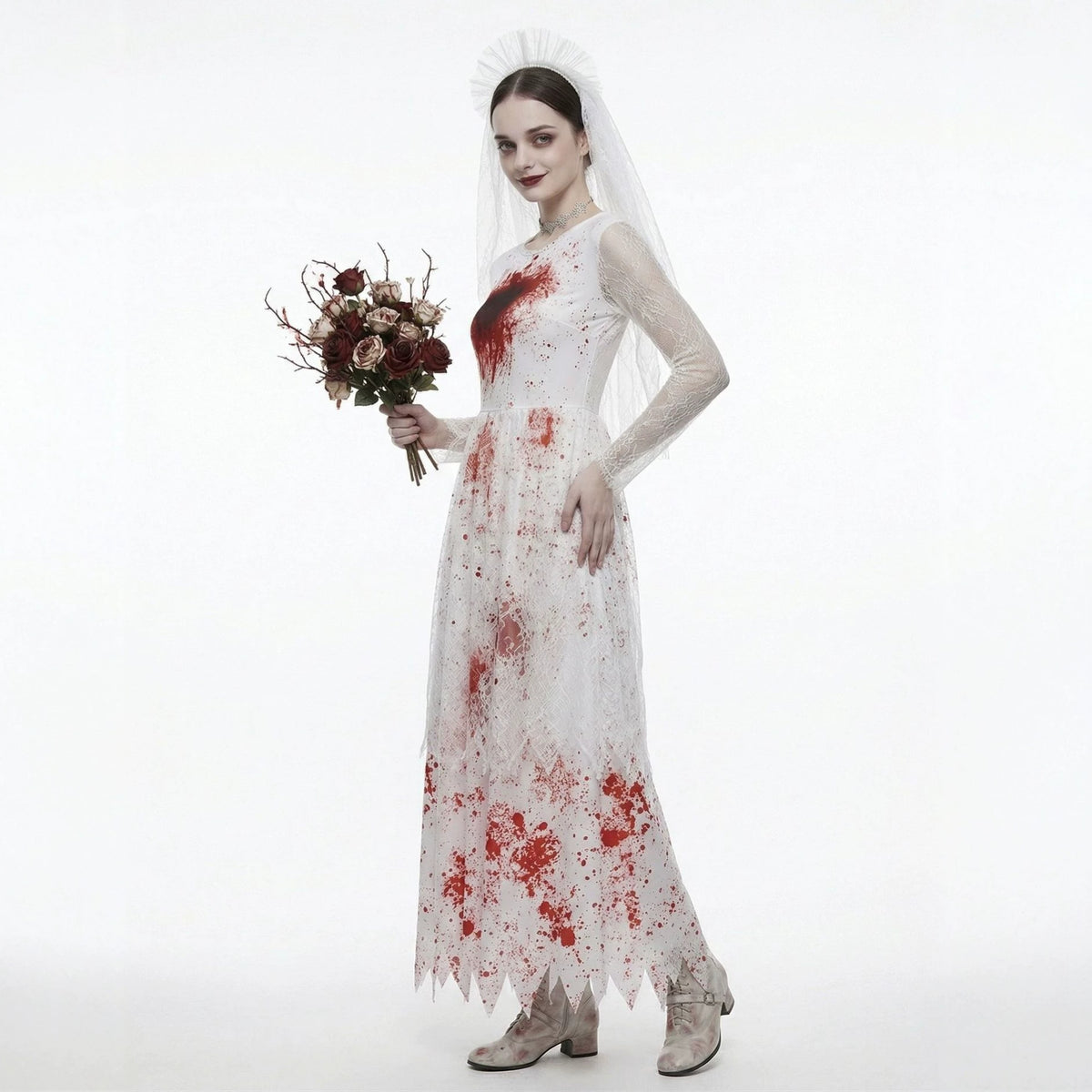 Halloween Dark Bloody Ghost Bride Cosplay Costume, Horror Blood-Stained Wedding Dress for Party and Stage Performance,