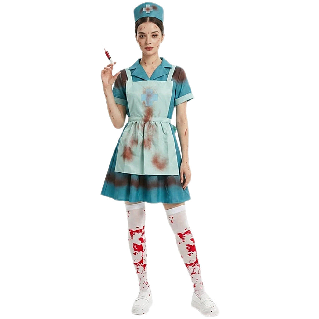 Halloween Bloody Horror Zombie Nurse Cosplay Costume Scary Blood-Stained Stage Fancy Dress
