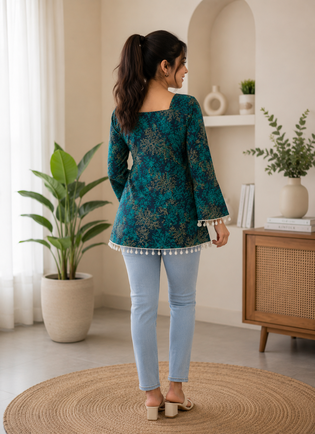Women Teal Blue Floral Printed Square Neck Bell Sleeve Kurti Top