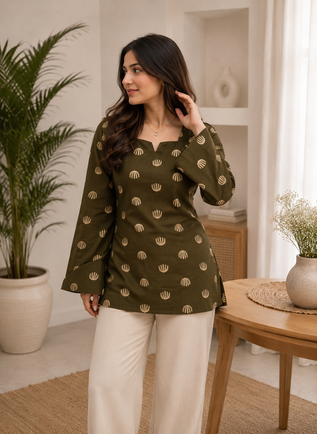 Trandy Olive Green Cotton Printed Short Kurti With Square Notch Kurti