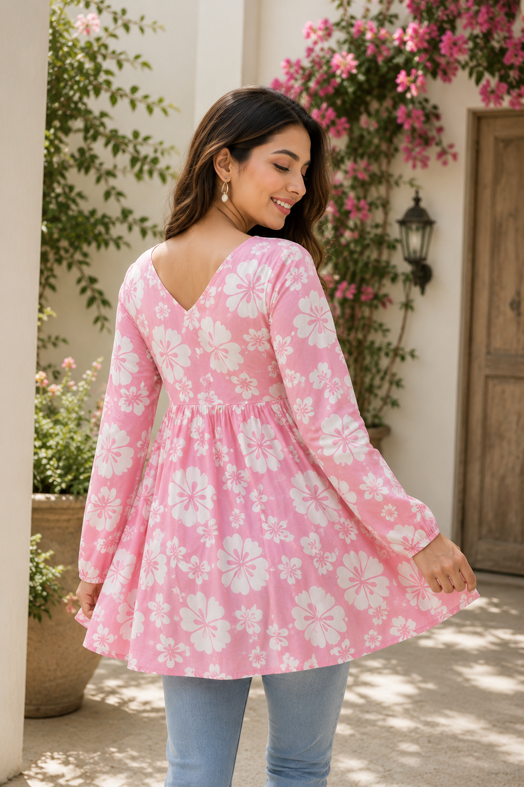 Stylish Pink Floral Rayon Short Alia Cut Kurti for Girls & College Wear | Trendy Casual Top
