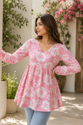 Stylish Pink Floral Rayon Short Alia Cut Kurti for Girls & College Wear | Trendy Casual Top
