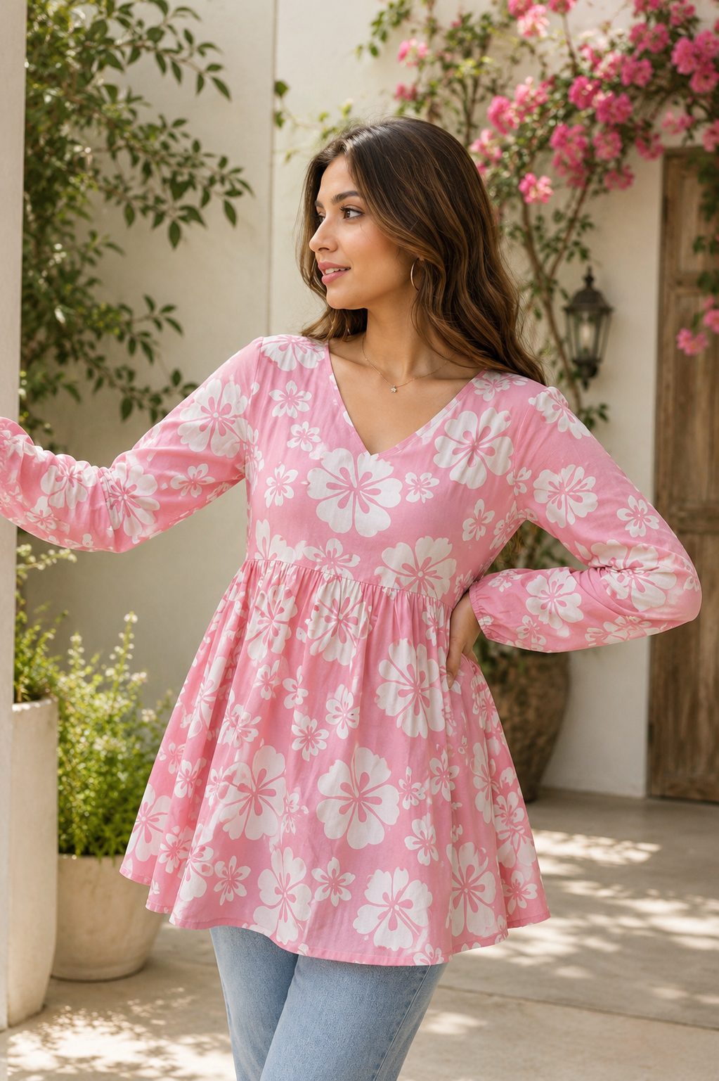Stylish Pink Floral Rayon Short Alia Cut Kurti for Girls & College Wear | Trendy Casual Top