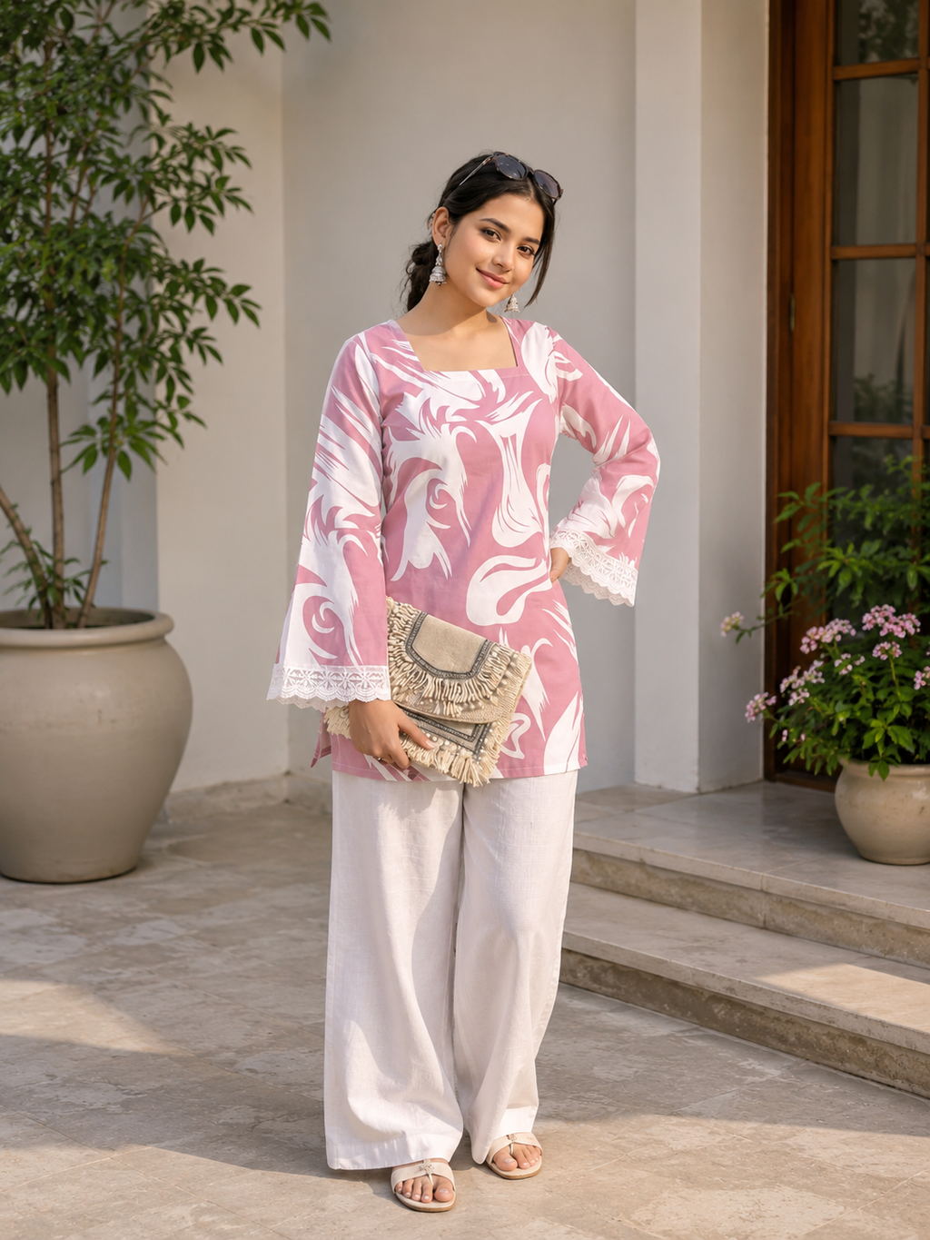 Women's Floral Printed Pink Short Kurti | Casual Daily Wear Tunic Top