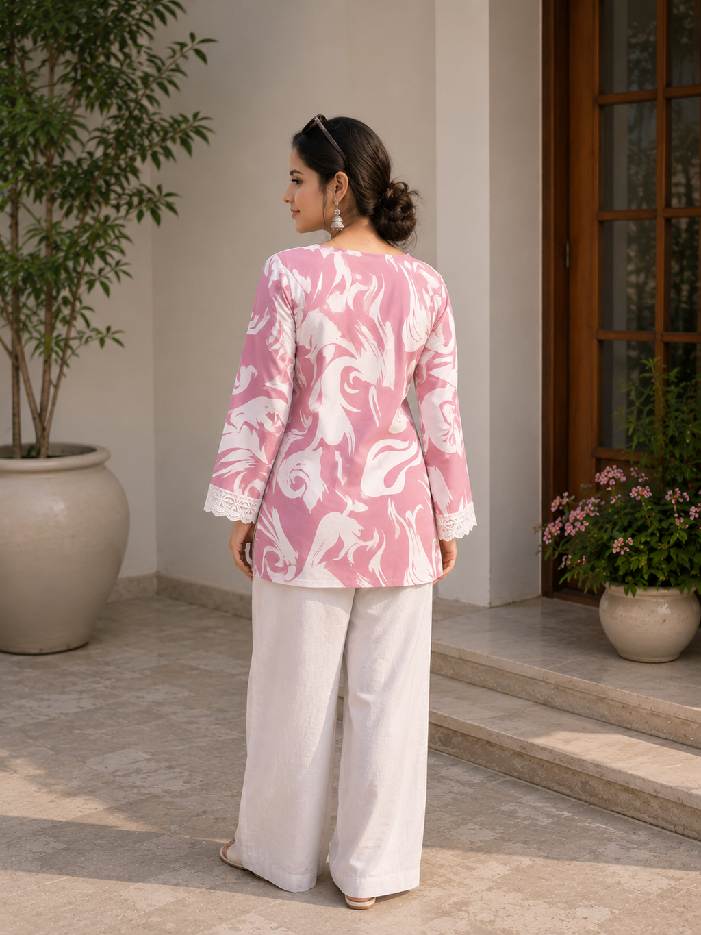 Women's Floral Printed Pink Short Kurti | Casual Daily Wear Tunic Top