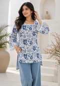 Stylish Women Blue Floral Printed Flared Short Kurti | Peplum Style Ethnic Top for Girls