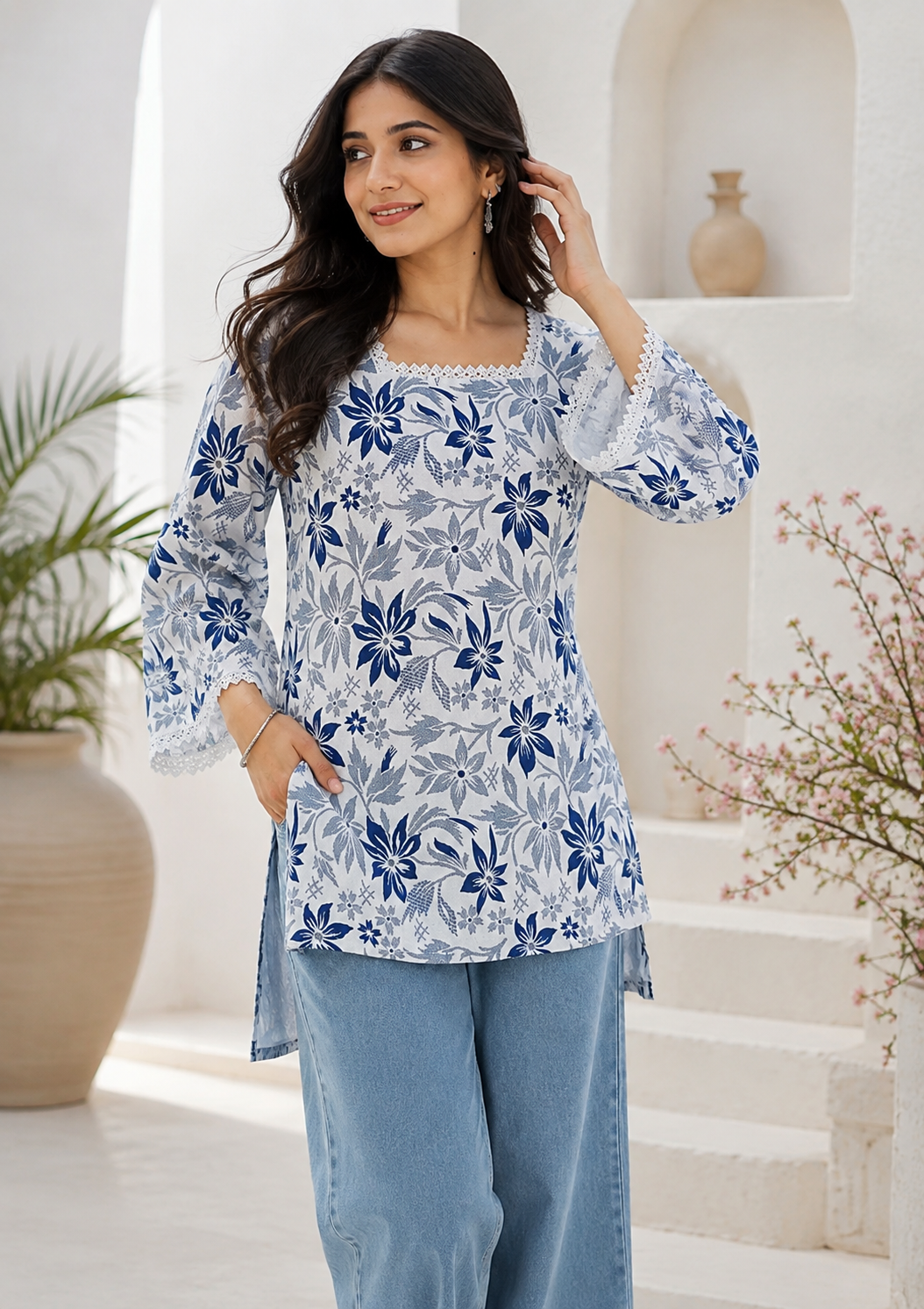 Stylish Women Blue Floral Printed Flared Short Kurti | Peplum Style Ethnic Top for Girls