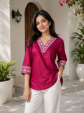 Women’s Elegant Pink Embroidered V-Neck Kurti Top