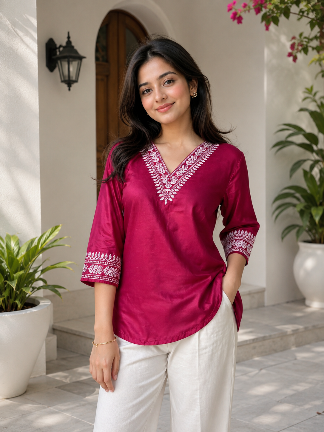 Women’s Elegant Pink Embroidered V-Neck Kurti Top