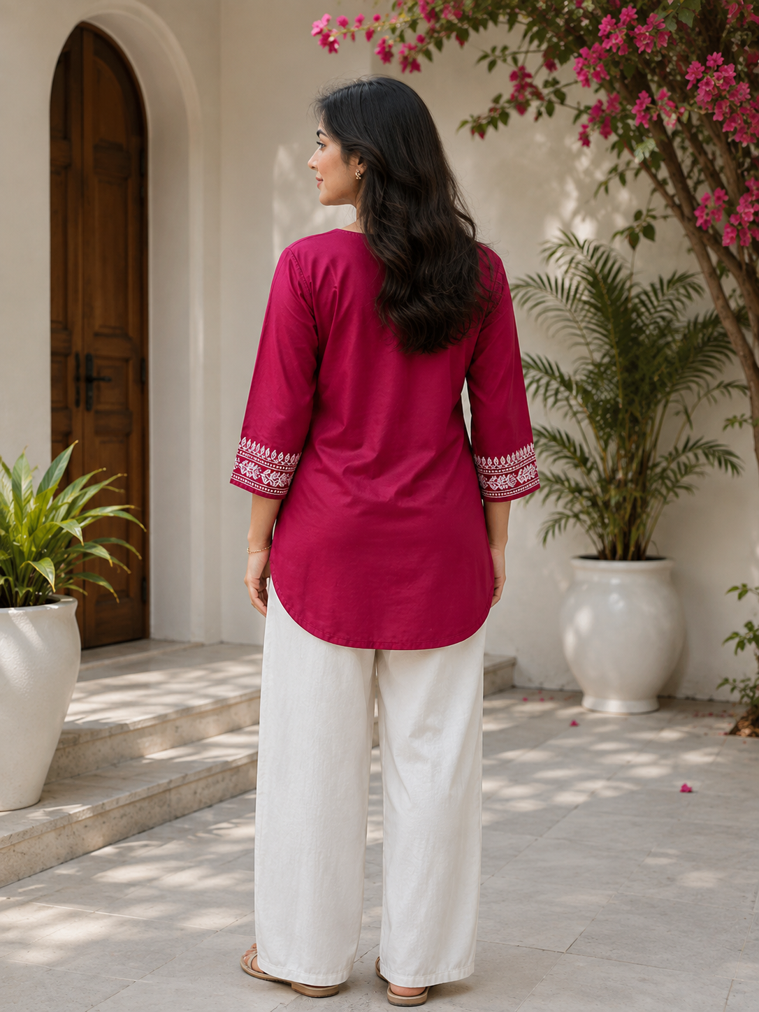 Women’s Elegant Pink Embroidered V-Neck Kurti Top
