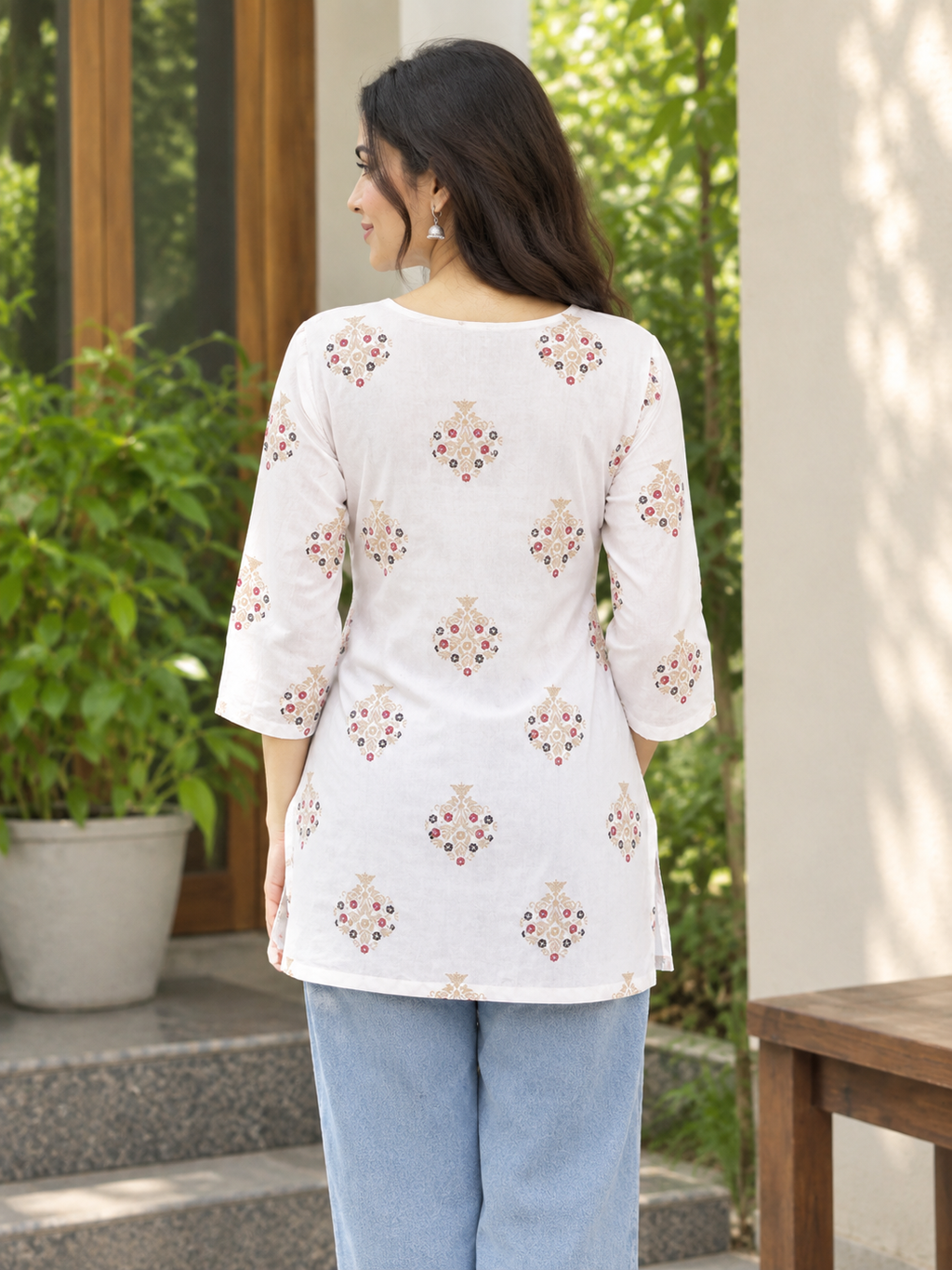 Preety Designer Short Kurti with 3/4 Sleeves & Beautiful Neck Net Ideal for Casual