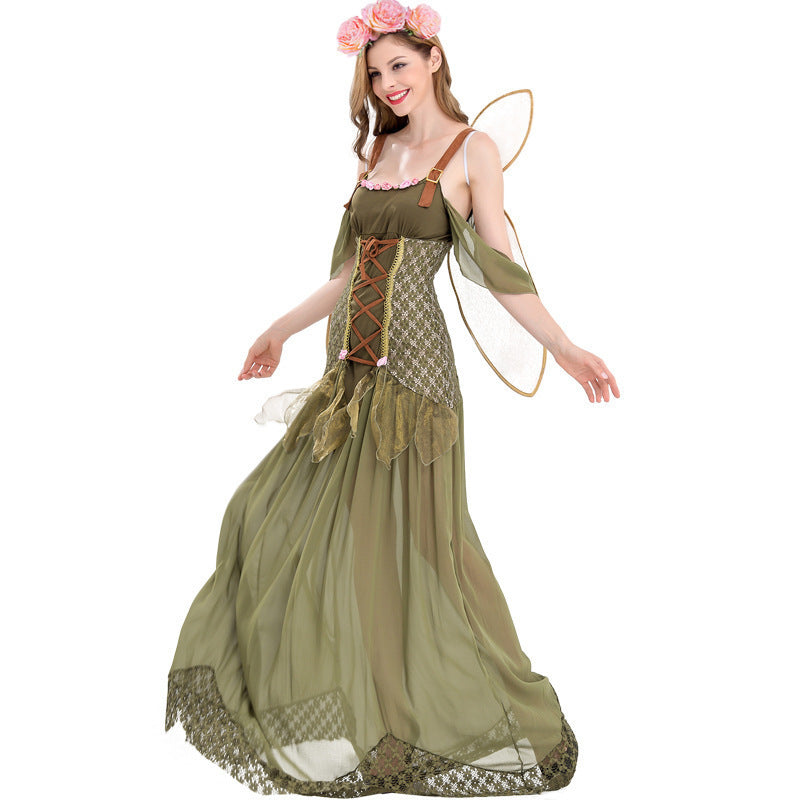 Halloween Wizard of Oz Magic Fairy Elf Princess Flower Fairy Long Dress Angel Costume Stage Elf Performance Costume