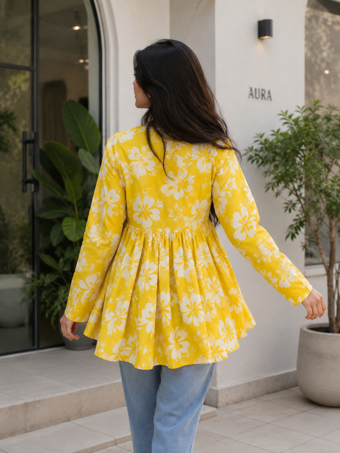 Stylish Women Yellow Floral Printed  Full Sleeves Peplum Top