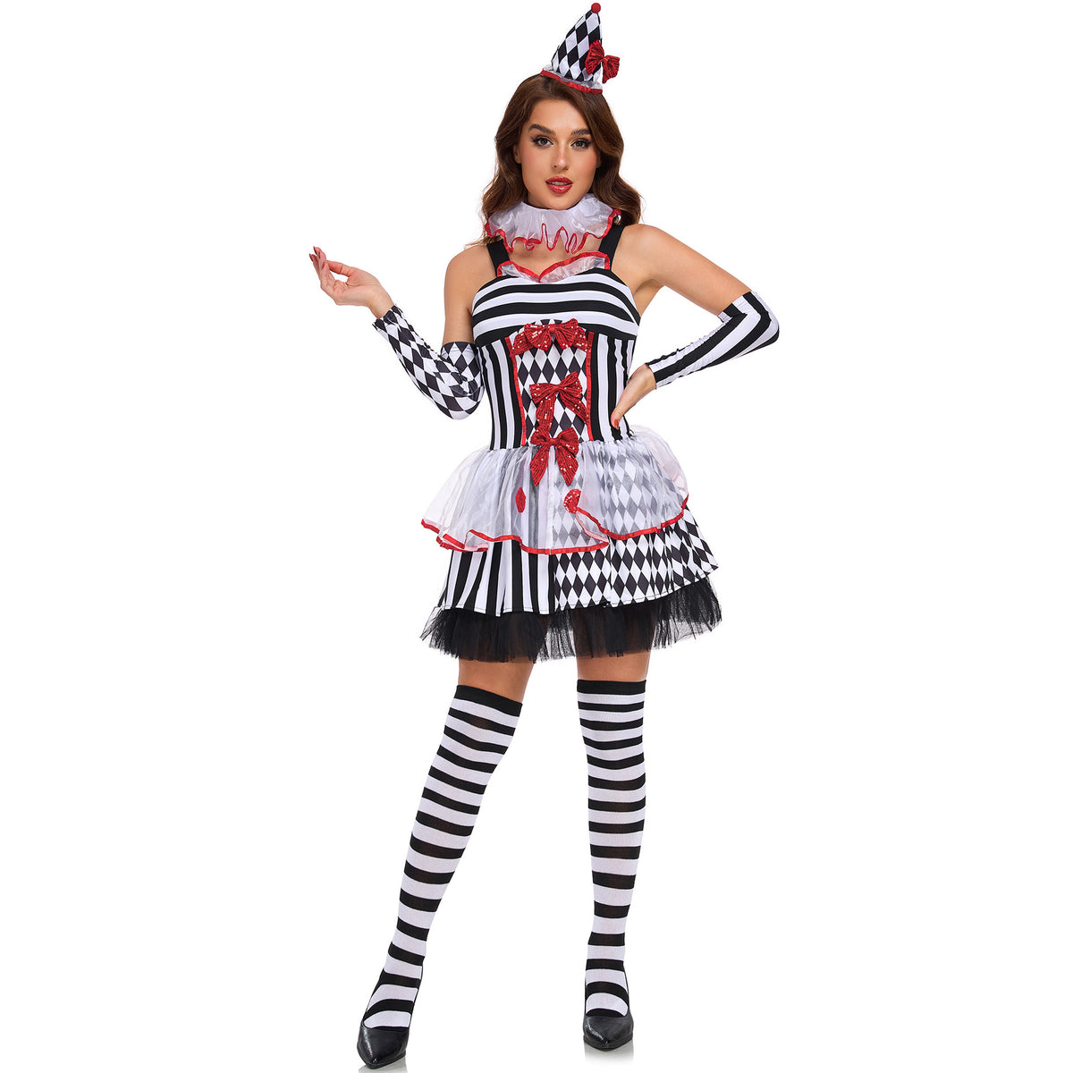 Cute Circus Clown Costume for Halloween Party Role Play COS Full Set Puffy Dress