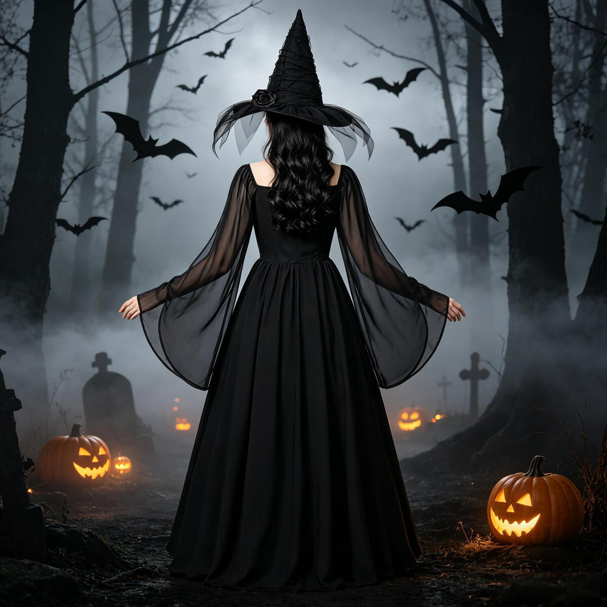 Dark Witch Square Neck Flared Long Dress with Bell Sleeves Vintage Formal Gown for Halloween Costume