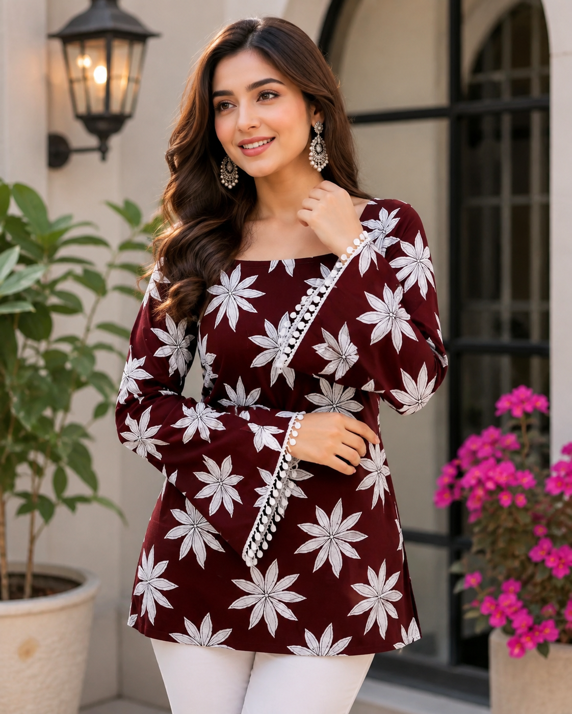 Women Floral Printed Square Neck Short Kurti | Bell Sleeve Casual Top