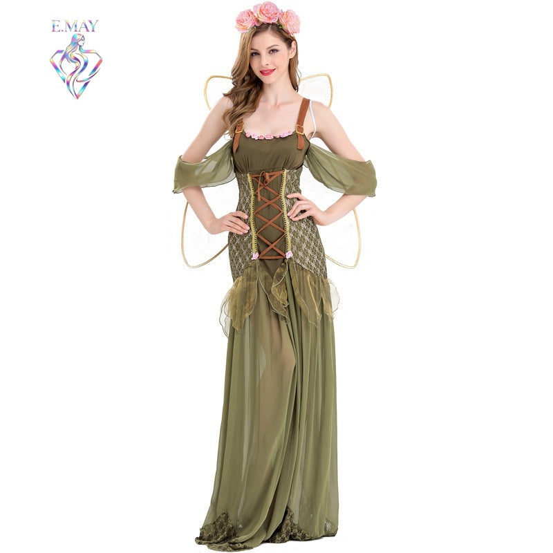 Halloween Wizard of Oz Magic Fairy Elf Princess Flower Fairy Long Dress Angel Costume Stage Elf Performance Costume
