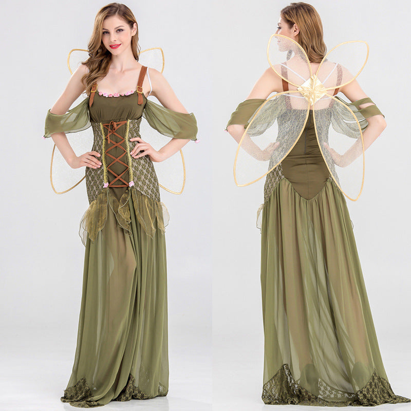 Halloween Wizard of Oz Magic Fairy Elf Princess Flower Fairy Long Dress Angel Costume Stage Elf Performance Costume