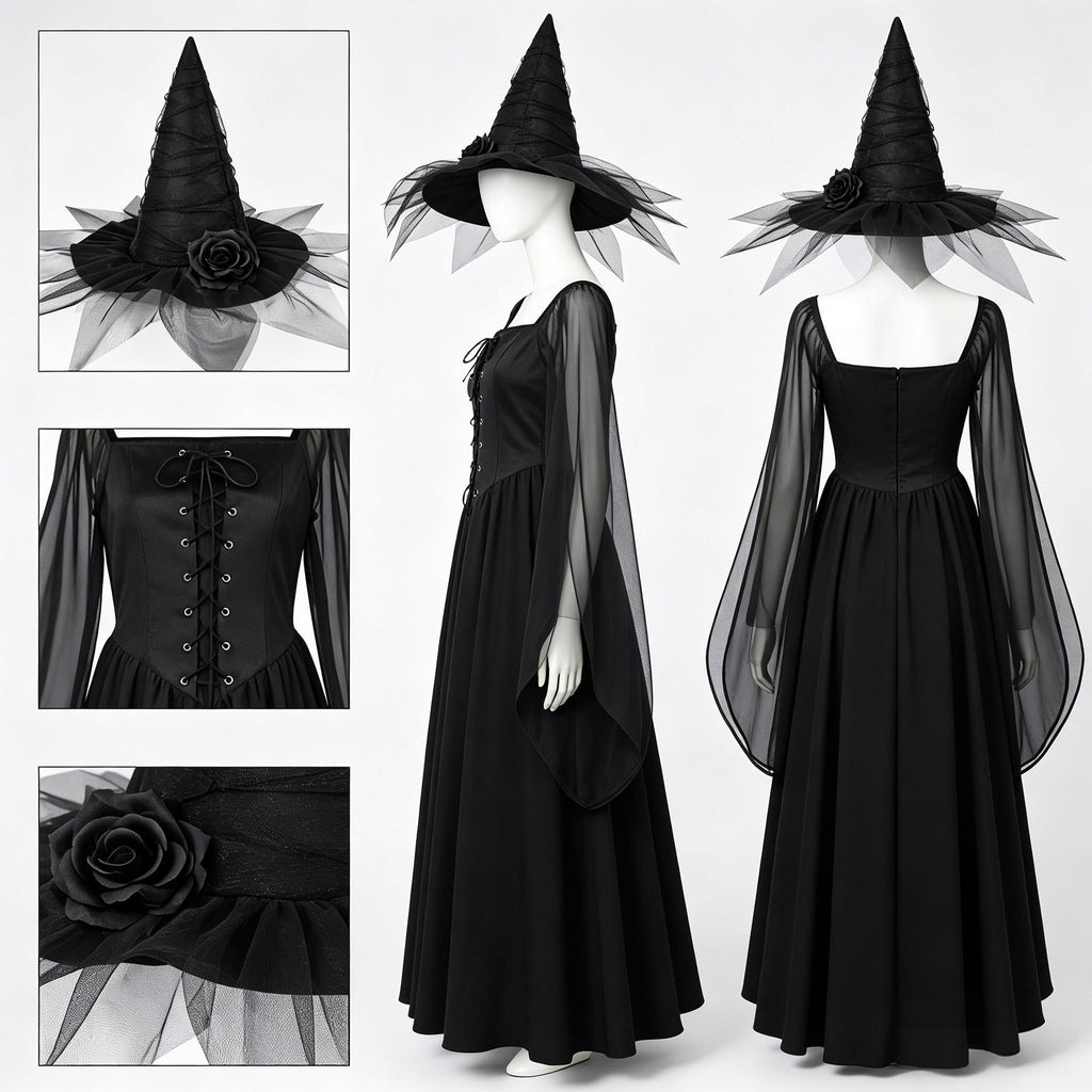 Dark Witch Square Neck Flared Long Dress with Bell Sleeves Vintage Formal Gown for Halloween Costume