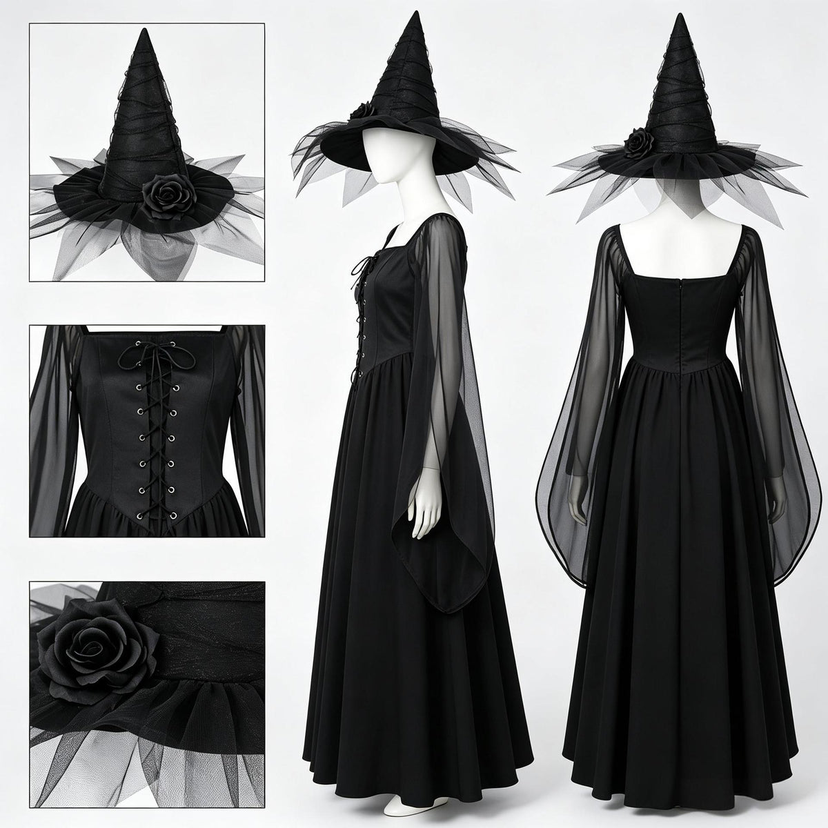 Dark Witch Square Neck Flared Long Dress with Bell Sleeves Vintage Formal Gown for Halloween Costume